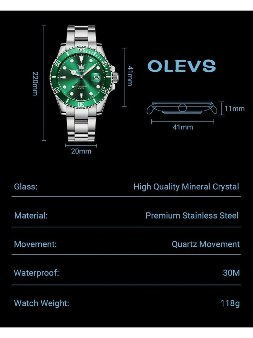 Men's Green Premium Silver Stainless Analog Rotatable Bezel Date Steel Watch